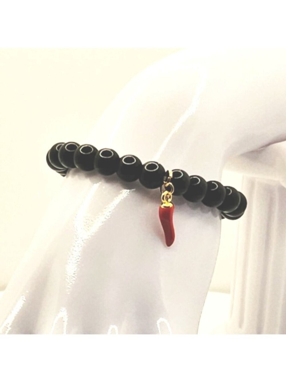 Red Chili Pepper Charm Bracelet, Black Bead Bracelet, Trendy Stretch Bracelet